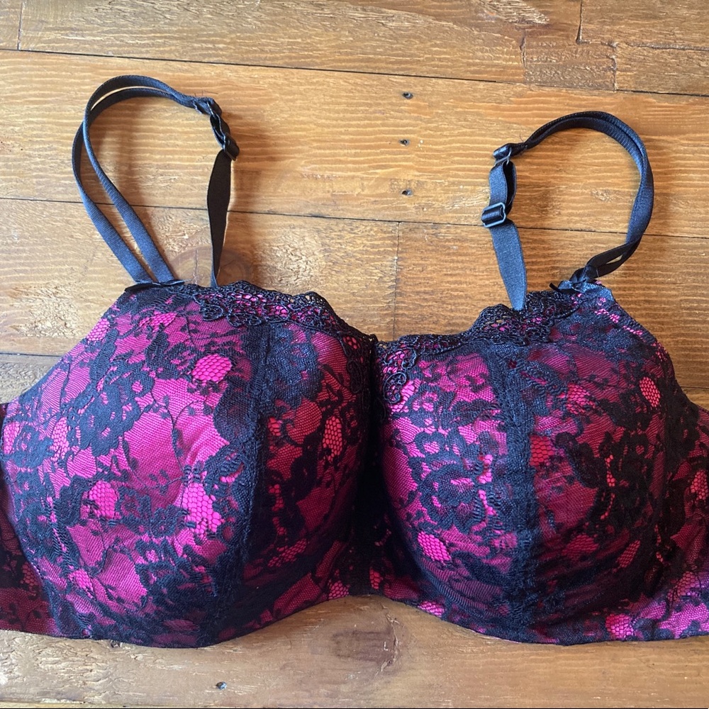 Women's Black Lace Overlay Pink Bra